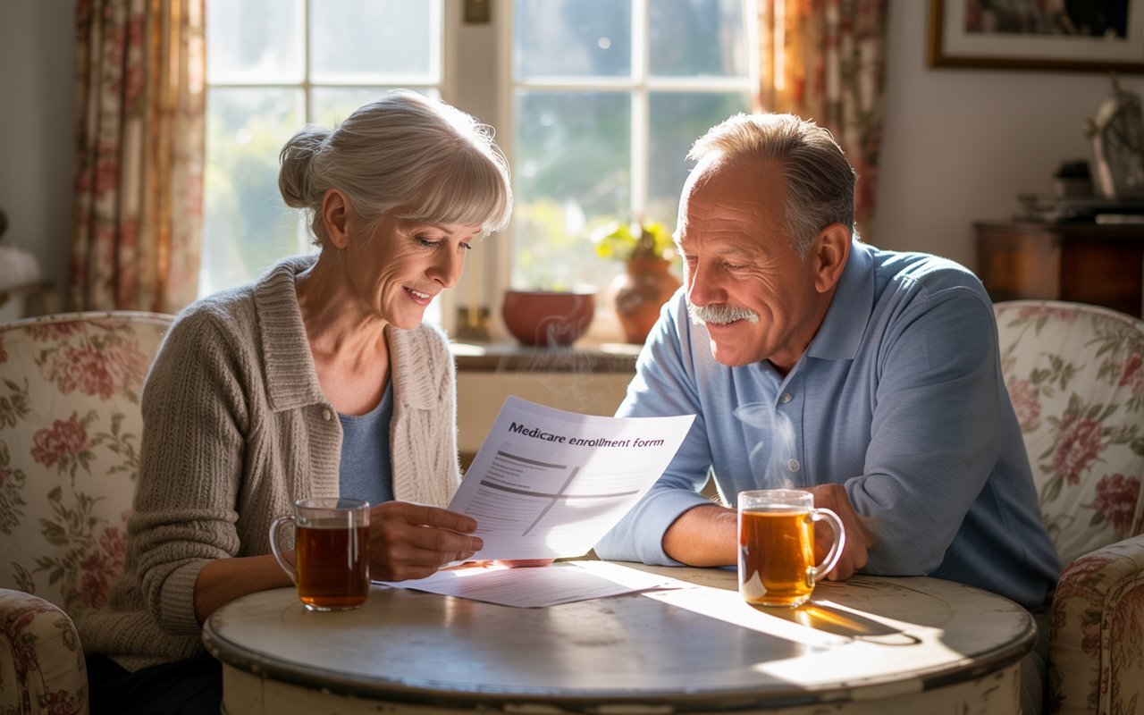 Senior couple reviewing a Medicare enrollment form at home